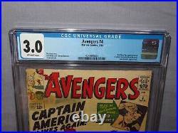 AVENGERS #4 (Captain America 1st Silver Age app) CGC 3.0 GD/VG Marvel Comic 1964