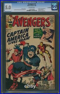 Avengers #4, CGC 5.0, Rare UK Price Variant, 1st Silver Age Captain America