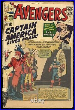 Avengers #4 P 0.5 See Description 1st Silver Age Captain America! Marvel 1964