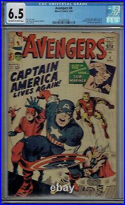 CGC 6.5 AVENGERS #4 1ST APPEARANCE OF CAPTAIN AMERICA SILVER AGE OWithW PAGES 1964