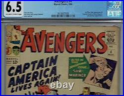 CGC 6.5 AVENGERS #4 1ST APPEARANCE OF CAPTAIN AMERICA SILVER AGE OWithW PAGES 1964