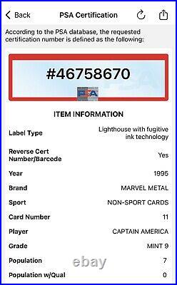 Captain America 1995 Marvel Metal #11 Mint PSA 9 POP 7
