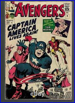 Marvel comics Avengers 4 1st appearance Captain America Silver age VG 4.0 1963